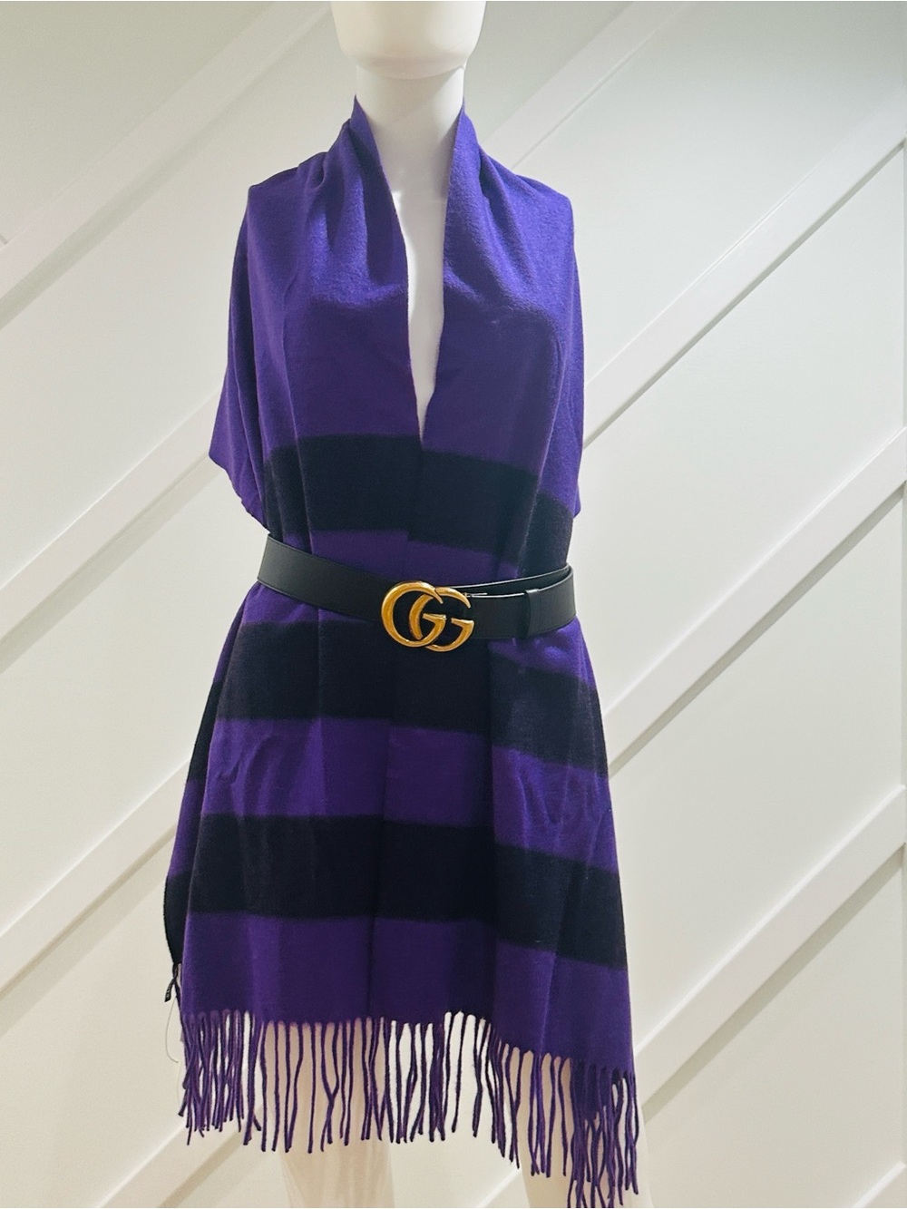 NWT Talbots 100% Cashmere Purple and Black Striped Fringe Scarf Cape Poncho
